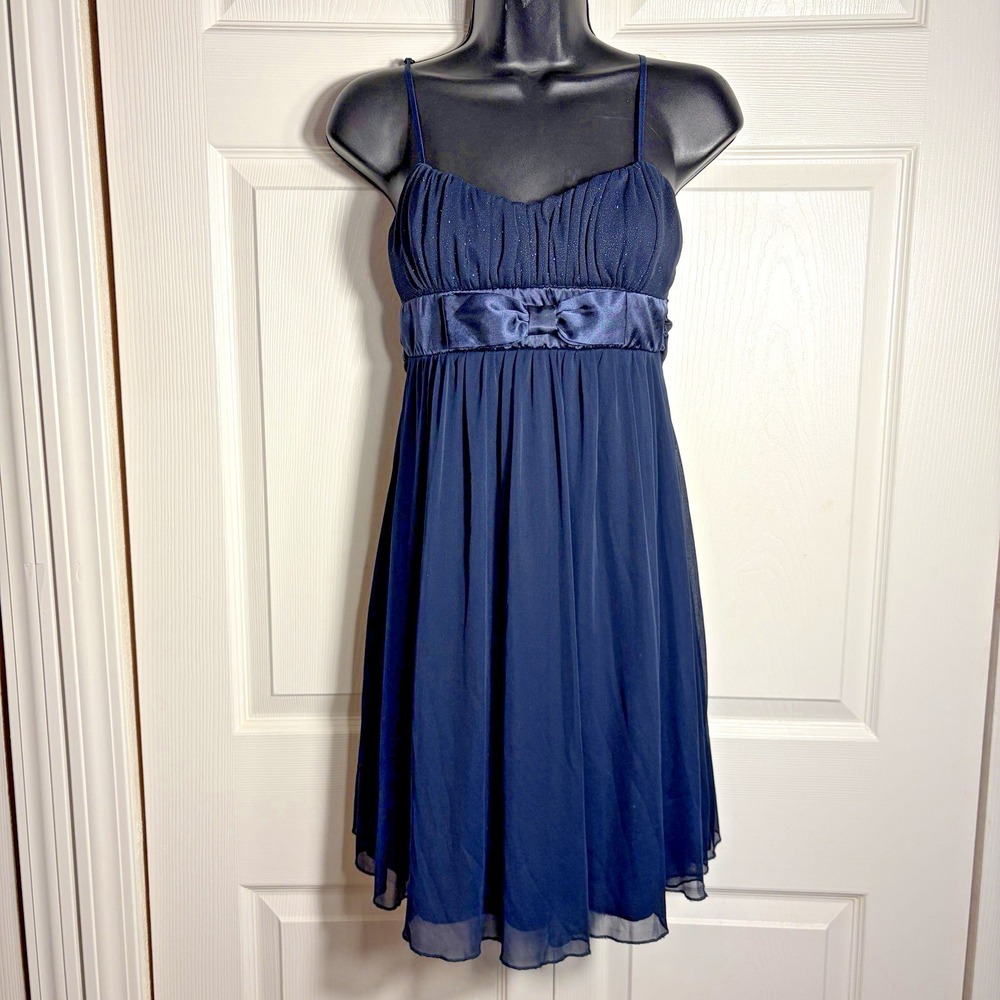 Vintage Y2K Ruby Rox Babydoll Dress Junior M Blue Chiffon Overlay Satin Sash Bow